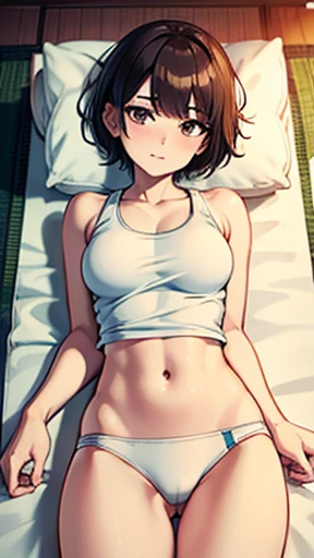 Changing clothes White tank top shoulders visible Japanese-style room Ryokan On futon Track and field Beautiful girl Short hair Transparent white skin Brown hair Small breasts Beautiful legs Red cheeks Navel exposed Resistant facial expression Lying on her...