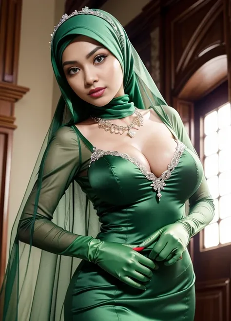 RAW, Best quality, high resolution, masterpiece: 1.3), Beautiful Malay woman in hijab, Masterpiece, perfect slim body, (Big breasts), Green Dress Flower Cleanser，Sense of atmosphere, best qualtiy，masterpiece，Green dress，Daytime Church，full body Esbian, Gre...