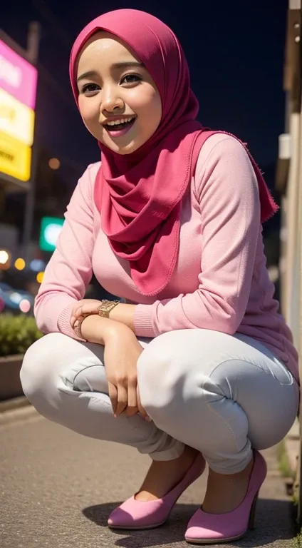 mira filzah squat and laughing, squatting, open both leg, wearing pastel pink jeans and blouse in nighttime city, (mira filzah:1.3), wearing hijab, pastel color hijab, pink , , small breast, flat chest, bright lighting,