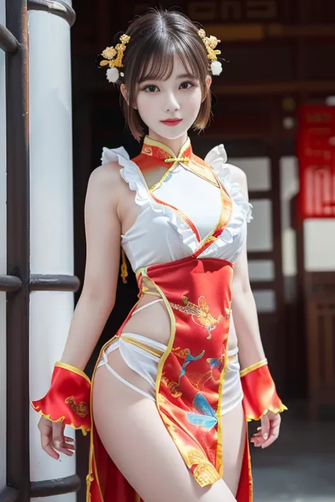 (((very detailed , 8k wallpaper, masterpiece, High resolution, highest quality))), ((Beautiful woman, Model-like posture, acrobatic pose,fighting pose,)),((Chinese dress style idol costume, Cute colorful frills and sexy slit＆sexy costume.):1.5),(Chinese dr...