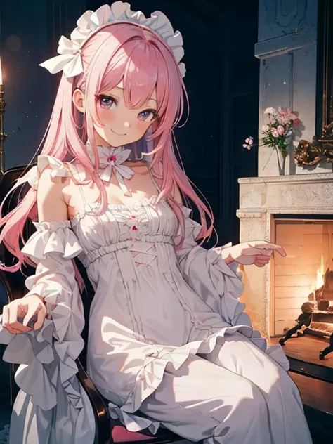 Looking down at a beautiful girl with pink hair,She is wearing a luxurious white dress with frills.,sitting in a chair,Very young,A teasing smile,anime,angle from below,dark room with fireplace,10 years old