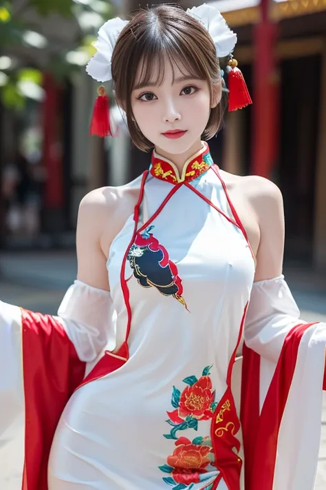 (((very detailed , 8k wallpaper, masterpiece, High resolution, highest quality))), ((Beautiful woman, Model-like posture, acrobatic pose,fighting pose,)),((Chinese dress style idol costume, Cute colorful frills and sexy slit＆sexy costume.):1.5),(Chinese dr...