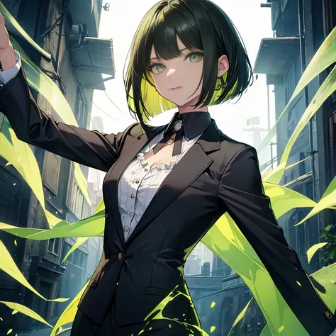 high resolution,high quality,woman,black hair,bob cut,yellow green hair,Transparent eyes,emerald green eyes,Mens suits,,