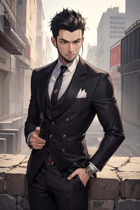 ((best quality)), ((masterpiece)), (detailed),High quality, Ultra detailed, best quality, insanely detailed, beautiful, masterpiece, 
male, 30s,dark suit,slim proportion, stubble,east asian mafia,marshall arts