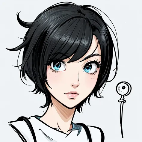 Womens cartoons, portrait of lofi, lofi girl, Cartoon cute, anime style, Zumi Draw, cute portrait, cartoon style, Drawing style, comic drawing style, black short hair, Cool eyes, intelligent woman, I have a sink eye, hand-drawn portrait, 