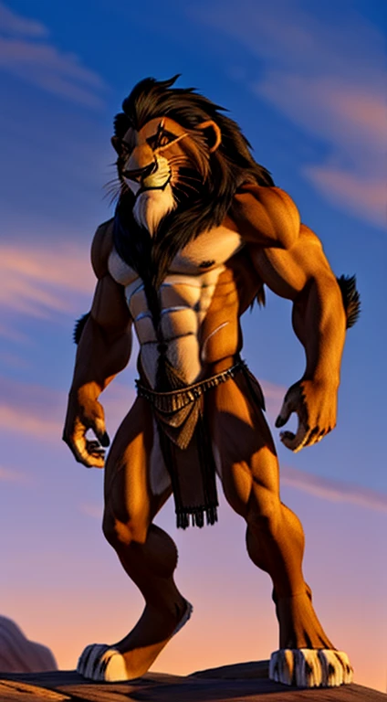 scar_(the_lion_king),lion,male,aldult,alone,4K,best quality,full-body shot,slim body,looking at the audience,Show muscles,hairy body,Upper body exposed,bared  chest, Hairy chest, (muscular, Athletic body:1.0), Pink nipples, Six-pack abs, biceps, 弯曲biceps, ...