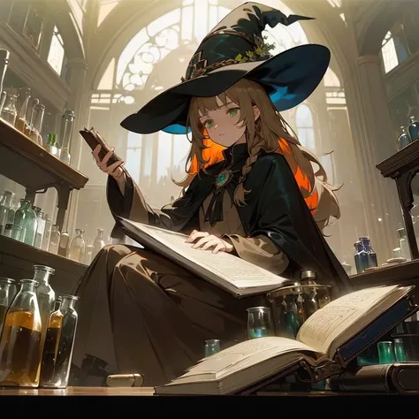 (A witch around 25 years old holding a thick leather bound book.:1.3)、 beige dress black cloak、dark brown long boots、green eyes、flaxen long braided hair、 troubled face、large sapphire brooch、sunroom、Chemistry Experiments、big pot、Many dried flowers hanging f...