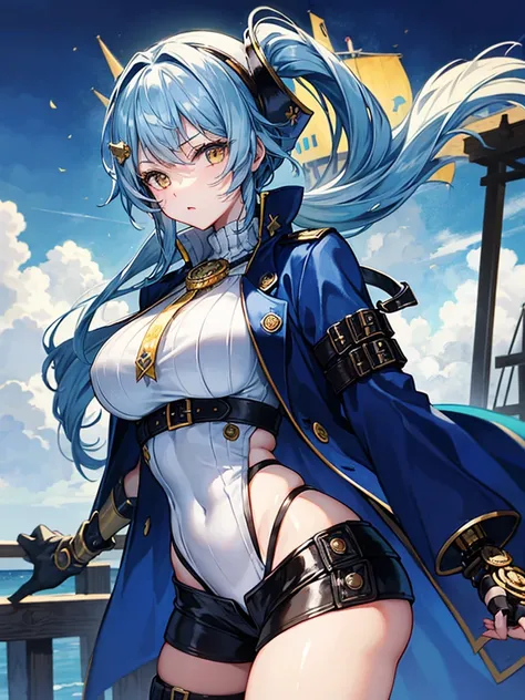 （（（masterpiece、Highest image quality、highest quality、highly detailed unity 8ｋwallpaper）））、（（Illustration of one girl、upper body））、（（（beautiful girl）））、（female pirate）、（Light light blue hair、short ponytail：1.2、yellow eyes）、（（（Right hand is a prosthetic hand...