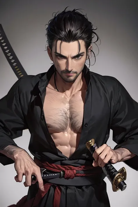 ((best quality)), ((masterpiece)), (detailed),High quality, Ultra detailed, best quality, insanely detailed, beautiful, masterpiece, 
male, 40s,slim&mascular, stubble,black hear,shirp eye, having katana blade