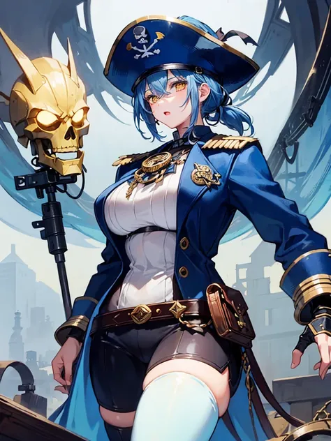 （（（masterpiece、Highest image quality、highest quality、highly detailed unity 8ｋwallpaper）））、（（Illustration of one girl、upper body））、（（（beautiful girl）））、（female pirate）、（Light light blue hair、short ponytail：1.2、yellow eyes）、（（（Right hand is a prosthetic hand...