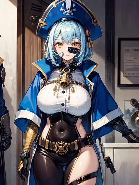 （（（masterpiece、Highest image quality、highest quality、highly detailed unity 8ｋwallpaper）））、（（Illustration of one girl、upper body））、（（（beautiful girl）））、（female pirate）、（Light light blue hair、short ponytail：1.2、yellow eyes）、（（（Right hand is a prosthetic hand...