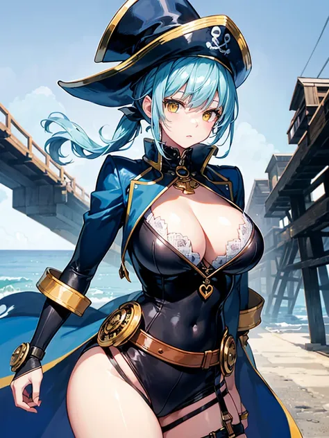 （（（masterpiece、Highest image quality、highest quality、highly detailed unity 8ｋwallpaper）））、（（Illustration of one girl、upper body））、（（（beautiful girl）））、（female pirate）、（Light light blue hair、short ponytail：1.2、yellow eyes）、（（（Right hand is a prosthetic hand...