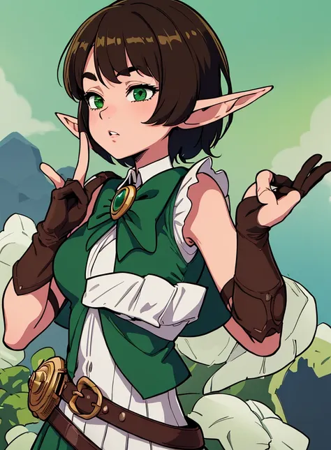 best quality, (masterpiece),(ultra-detailed), (high quality), (high resolution), 1girl, 2boys, belt, elf, gloves, green eyes, green sailor collar, instrument, pointy ears, shirt, short hair, short sleeves, solo, violynne, brown eyes, vest,