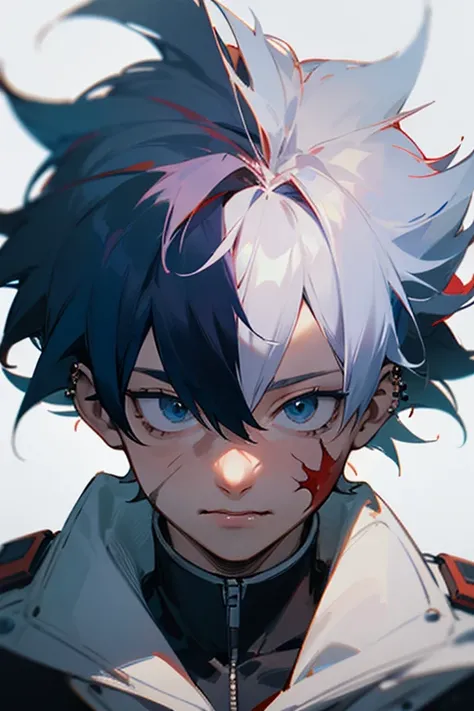 ((best quality)), ((masterpiece)), (detailed), the perfect face of Dabi or Touya Todoroki from My Hero Academia, purple burnt scars, piercing, blue eyes, white spiky hair