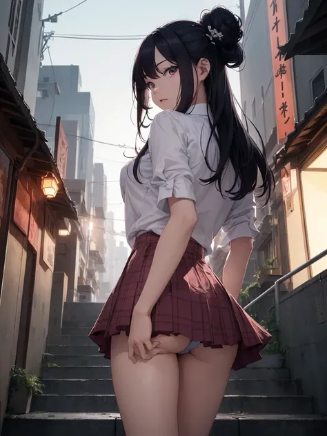 confused, High resolution, Super detailed, (1 girl:1.3),Trim your bangs、cute big cat eyes、dark purple hair、Chest-length hair can be tied into two buns.、Marovi、Bullish appearance、red ribbon on white blouse、Pink checked miniskirt、uniform、Composition looking ...