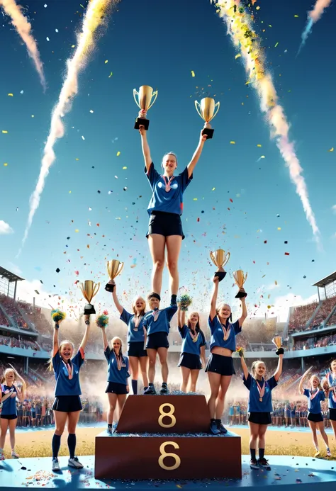 At the school sports meet, the winning athletes stood on the podium, proudly holding up their trophies. The sky is littered with confetti, cheering for victory, panoramic view, Ultra high saturation, (best quality, masterpiece, Representative work, officia...