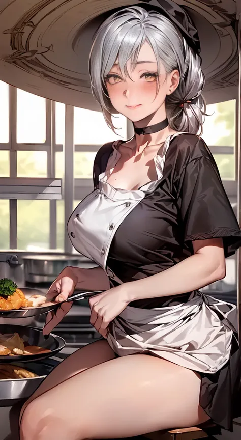 (masterpiece:1.2, highest quality), (realistic, photorealistic:1.4), beautiful illustrations, 
looking at the viewer, whole body, Front view:0.6, 
1 female, 20 years old, Japanese, ((silver hair:1.5, hair tied up in a chef&#39;s hat:1.5)), bangs, hair betw...