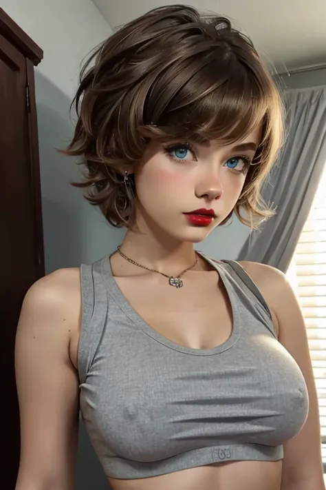 Cute, twink, dark blonde hair, teen, teenager, crop top, whore house, blue eyes, short hair, messy hair, matthew grey gubler as a girl, surprised expression, busty, gigantic breasts, thin, feminine body, bmb-fc, ch0l4m4k3up, lipliner, eyeliner, red lipstic...