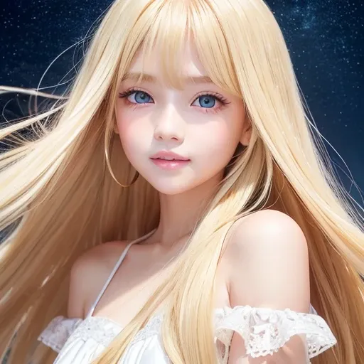 Beautiful super long straight silky hair shining dazzling golden color、bright look、blonde girl posing、long golden bangs between the eyes of the eyes,,,、fair skin with glossy skin、pink cheeks、shiny cheeks、Real Girl、（10 year old girl）、Beautiful girl in shini...