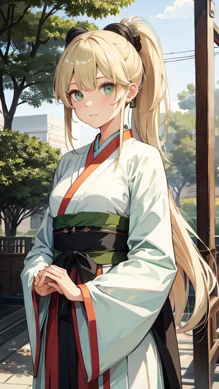 Girl with high ponytail, blonde hair and green eyes，Hanfu