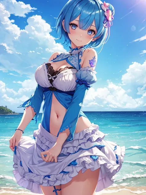 (high quality),Rem,Re:zero,blue hair,short hair,blue and yellow eyes,very beautiful girl, frontal pose, cute, shy, detailed hairstyle, lace detail, garter belt, walk, play, Rainbow Bikini, beach background, dark makeup, tattoo, thin waist, random color clo...