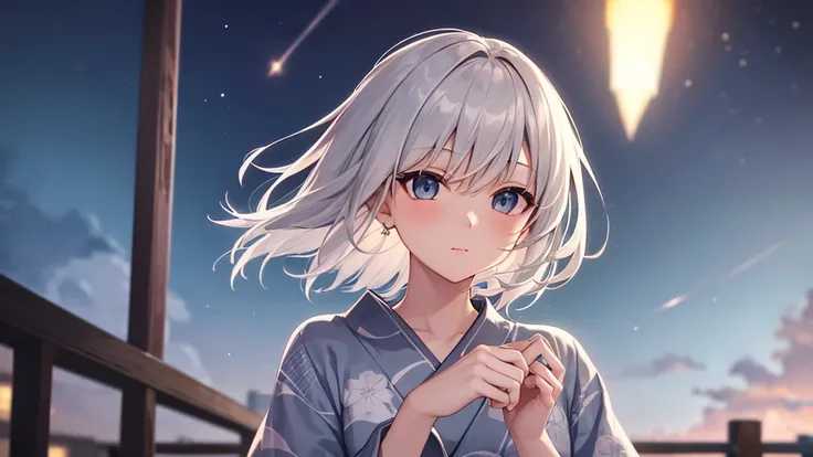 super high quality, with a girl, 20-year-old, very short hair, long bangs between the eyes, gray eyes , (masterpiece、highest quality)、alone、gray hair, black eye, beautiful eyes,white yukata、skyrocket、night、