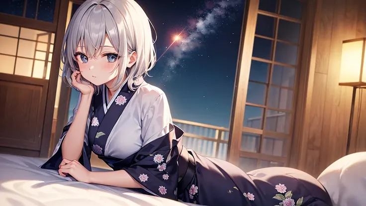 super high quality, with a girl, 20-year-old, very short hair, long bangs between the eyes, gray eyes , (masterpiece、highest quality)、alone、gray hair, black eye, beautiful eyes,white yukata、skyrocket、night、