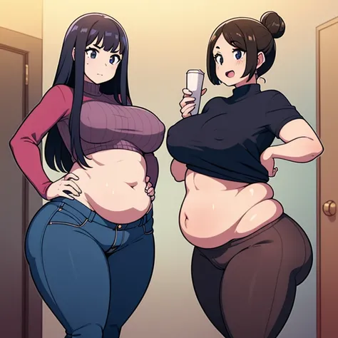 ((digital art)), ((2 girls)), standing, skindentation, (tight clothes), wardrobe malfunction, 1 of the girls has a slim body, ((breasts resting on tummy)), tummy bulge, pudgy, gaining weight