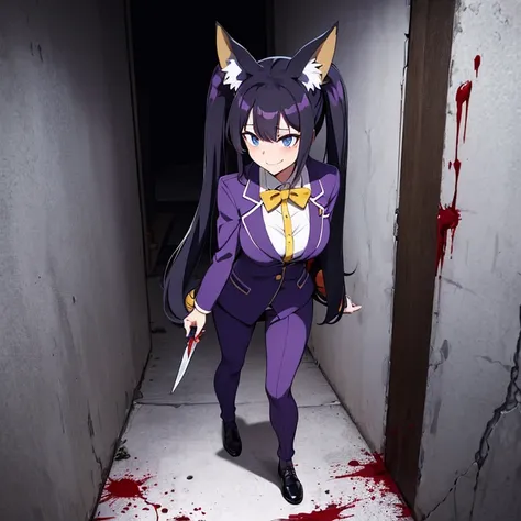 one girl, be characterized by short stature ,very long twin tails ,absurdly long hair,f cup,big breasts, has long twintails that touch the floor, has Anubis Kemonomimi ,jackal Kemonomimi ,long jackal Kemonomimi ,black hair ,The inside of the kemomimi is ye...