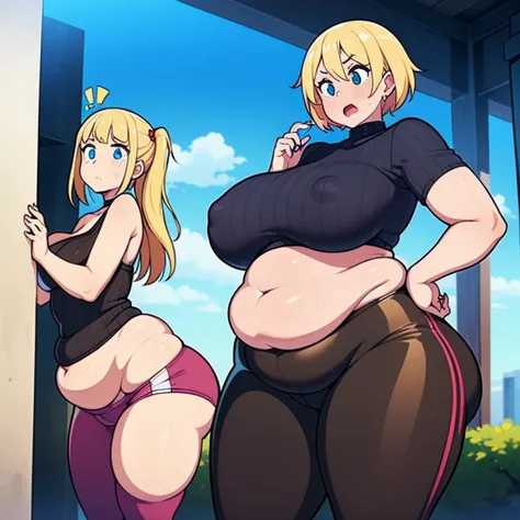 ((digital art)), ((2 girls)), standing, skindentation, (tight clothes), wardrobe malfunction, 1 of the girls is slim; blonde; surprised, ((breasts resting on tummy)), tummy bulge, pudgy, gaining weight