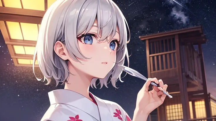 super high quality, with a girl, 20-year-old, very short hair, long bangs between the eyes, gray eyes , (masterpiece、highest quality)、alone、gray hair, black eye, beautiful eyes,white yukata、skyrocket、night、look up at the sky、seaside