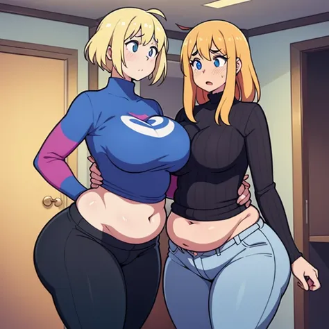 ((digital art)), ((2 girls)), standing, skindentation, (tight clothes), wardrobe malfunction, only 1 of the girls is slim and blonde and surprised, ((breasts resting on tummy)), tummy bulge, pudgy, gaining weight