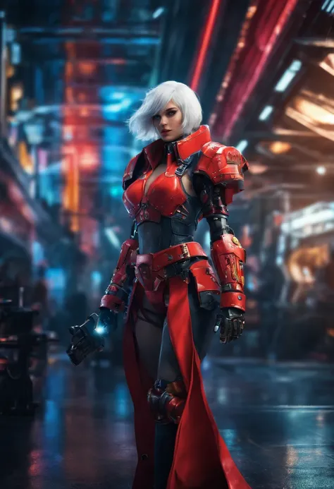 female warrior, adepta sororitas, (best quality:1.6), (bob haircut, white hair), red cape, (warhammer 40k art:1.4), (futuristic power armor:1.2), walking, (background: spacious spaceship hangar, steampunk machinery), (best quality:1.6),beautiful face, (bes...