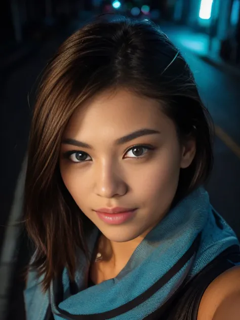 (taking selfies, overhead view: 1.4), (straight half of the torso: 1.4), Portrait photo of a 26-year-old half japanese half netherland girl in RAW UHD format (Blue-eyed woman) , 1Beautiful girl, extremely detailed CG unified 8k, Walk down the dark alley, n...