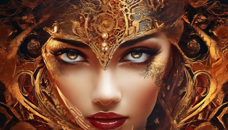 Portrait photography, closeup photo of golden eyes, mechanical and organic elements, with a combination of Aesthetic and complex patterns of red and gold glass, beautiful woman with loose black wet hair, staring intently, photo taken from the side, facial ...