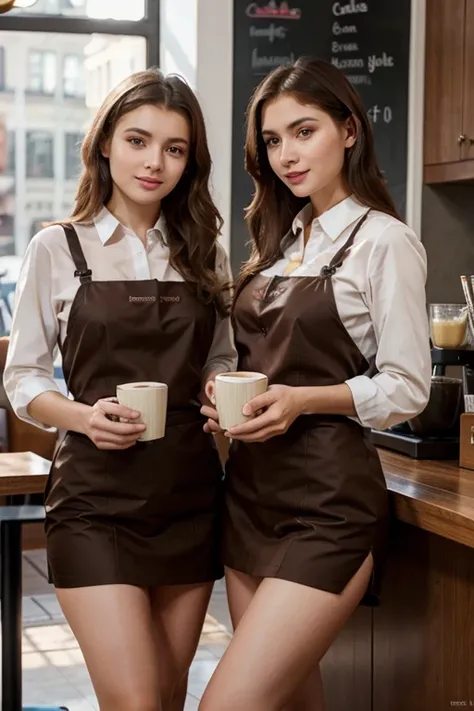 Two very beautiful and sweet Russian girls in professional clothes are happily drinking coffee and posing in the cafe, ultra realistic and 8k