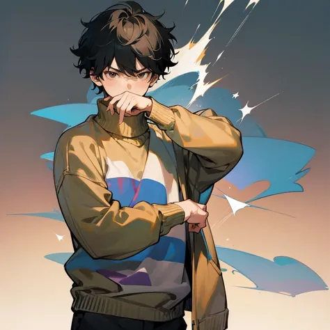 Ko Mabuchi, sweater, Are standing,1 boy,cool pose,Sober background,Glaring expression