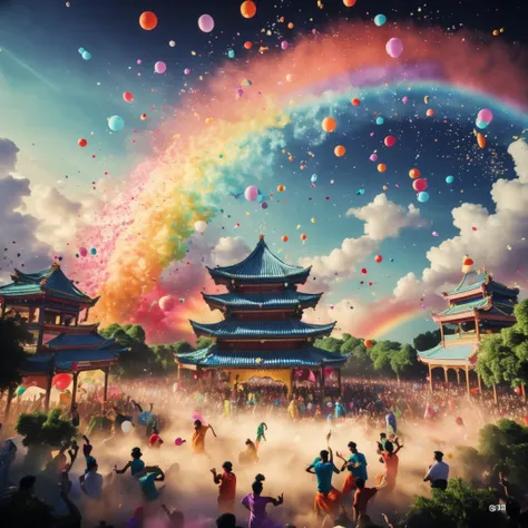 In a grand celebration, people gathered together and danced to the music. At the climax, colorful confetti falls from the sky, like a colorful rainbow rain, adding endless joy and celebration to the entire scene