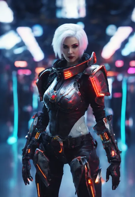 female warrior, adepta sororitas, (best quality:1.6), (bob haircut, white hair), red cape, (warhammer 40k art:1.4), (futuristic power armor:1.2), walking, (background: spacious spaceship hangar, steampunk machinery), (best quality:1.6),beautiful face, (bes...