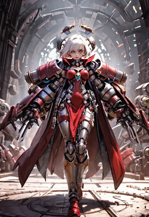 female warrior, adepta sororitas, (best quality:1.6), (bob haircut, white hair), red cape, (warhammer 40k art:1.4), (futuristic power armor:1.2), walking, (background: spacious spaceship hangar, steampunk machinery), (best quality:1.6),beautiful face, (bes...