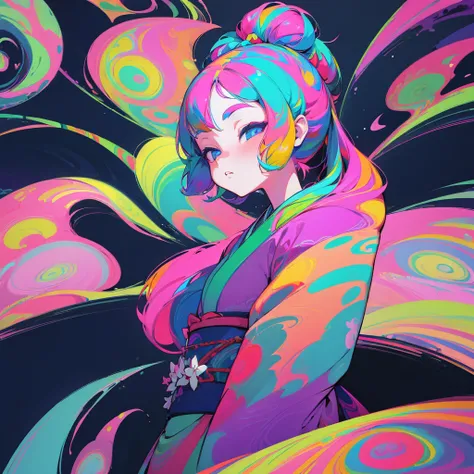 (1 girl:1.3)、wearing Colorful kimono、(psychedelic art:1.5), 