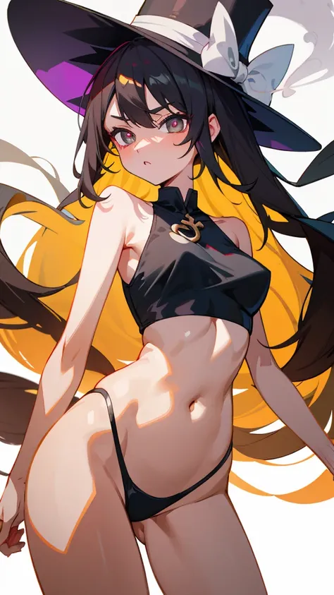 first place girl，Black top hat，smoke，Long straight hair，Dark brown pupils，白色外套配黑色紧身Navel exposed装，tight one piece swimsuit，头戴Black top hat，Expression is inevitable，Smile，Navel exposed，Clothes with black as the main color