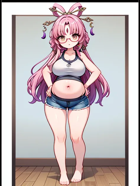 (Very high quality, detailed) An image of a full body pregnant girl with a round belly, long hair, very big breasts and a huge ass. Shes standing barefoot with her hands on her belly. Shes wearing a crop top, very thight shorts and glasses.