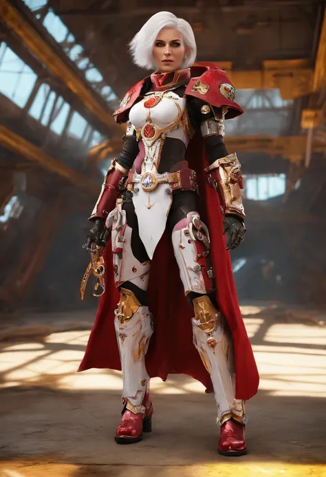 female warrior, adepta sororitas, (best quality:1.6), (bob haircut, white hair), red cape, (warhammer 40k art:1.4), (futuristic power armor:1.2), walking, (background: spacious spaceship hangar, steampunk machinery), (best quality:1.6),beautiful face, (bes...