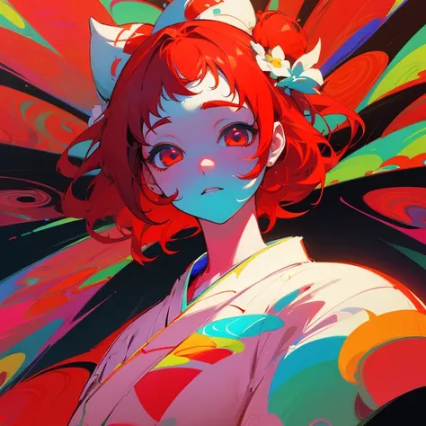 (beautiful beautiful:1.2)、(1 girl:1.3)、(colorful white and red hair:1.2)、Wearing a colorful white and red kimono、flower、Highest image quality、(psychedelic art:1.5), dark、black、darkness