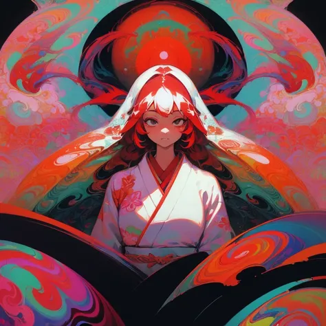 (beautiful beautiful:1.2)、(1 girl:1.3)、(colorful white and red hair:1.2)、Wearing a colorful white and red kimono、flower、Highest image quality、(psychedelic art:1.5), dark、black、darkness