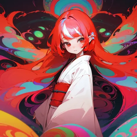 (beautiful beautiful:1.2)、(1 girl:1.3)、(colorful white and red hair:1.2)、Wearing a colorful white and red kimono、flower、Highest image quality、(psychedelic art:1.5), dark、black、darkness