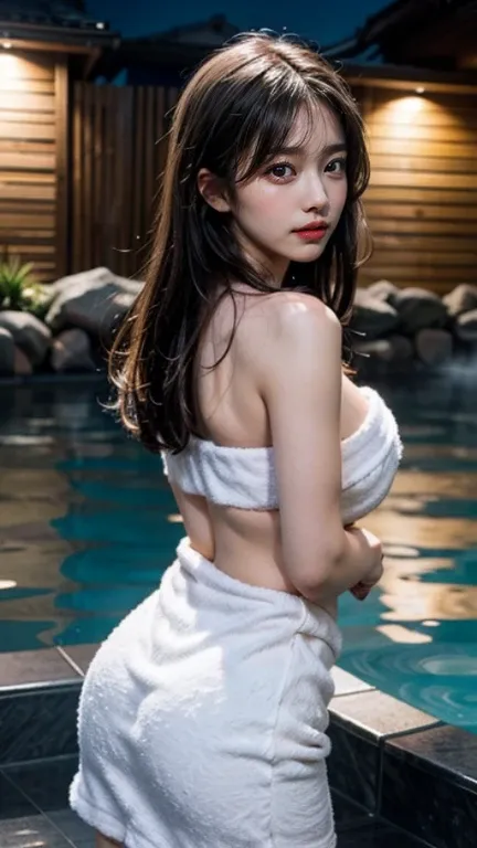 1 girl, gray hair, purple eyes, portrait, realistic, ((towel)), (hot spring), side light, wallpaper, NSFW、I can see the butt、I can see your butt、I can see the cleavage、You can see beautiful breasts