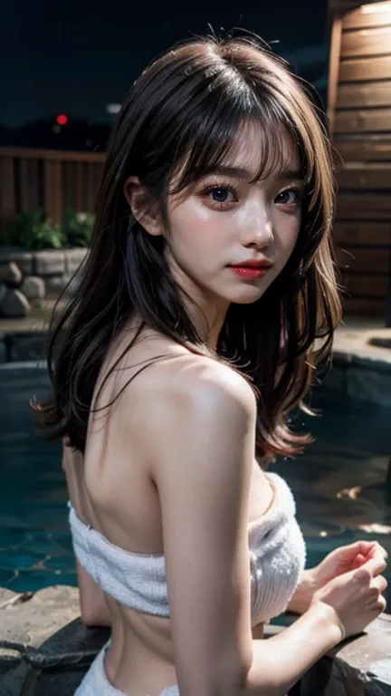 1 girl, gray hair, purple eyes, portrait, realistic, ((towel)), (hot spring), side light, wallpaper, NSFW、I can see the butt、I can see your butt、I can see the cleavage、You can see beautiful breasts