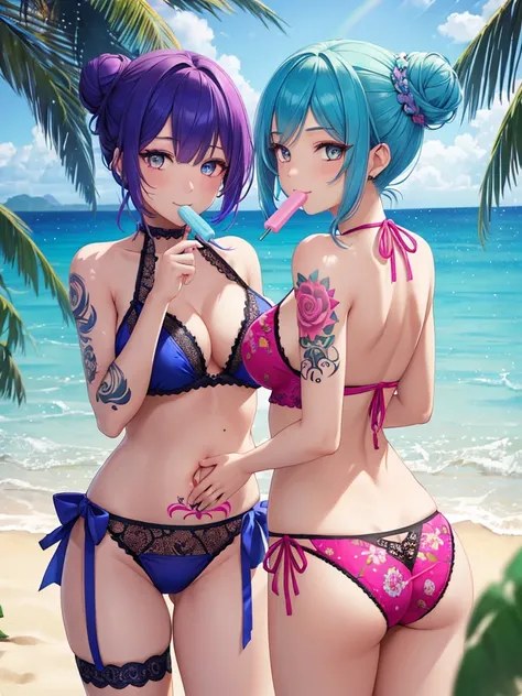 (high quality),Again:zero,(2 girls(one has blue hair,one has pink hair),short hair,blue and yellow eyes,very beautiful girl), (front standing pose,belly button,Stomach),(Rear view,beautiful butt,beautiful back), cute, shy, detailed hairstyle, lace detail, ...